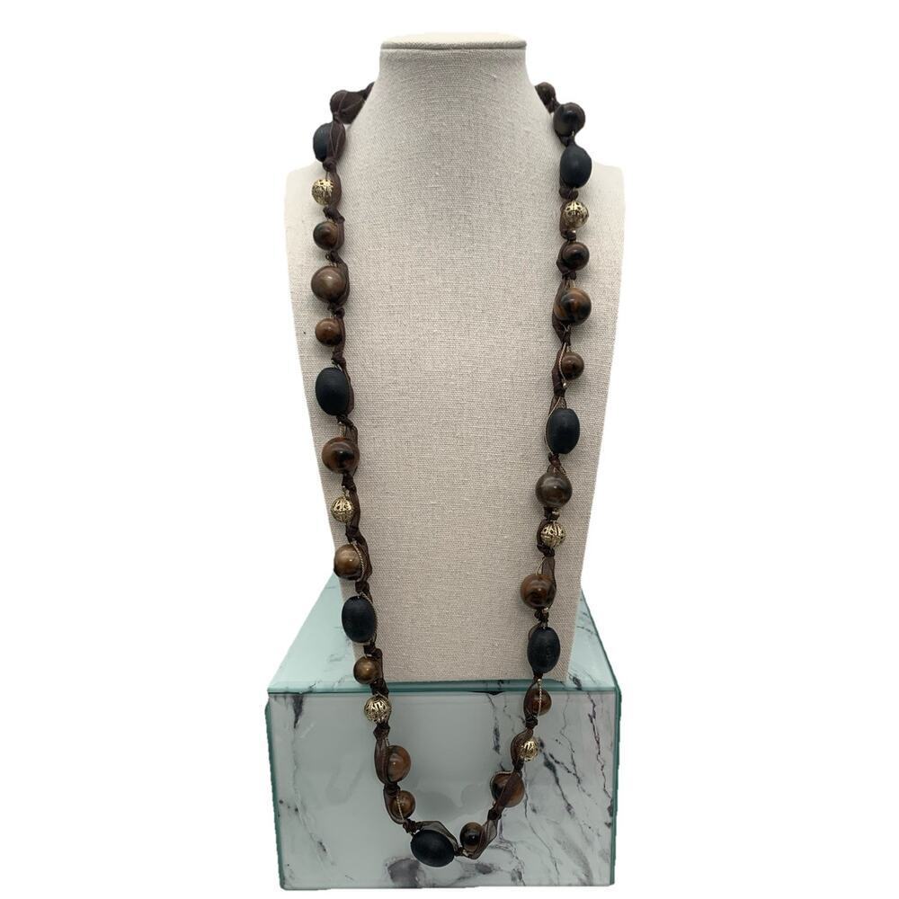 Vintage‎ Liz Claiborne Wooden Beaded And Gold Tone Filigree Boho Ribbon Necklace